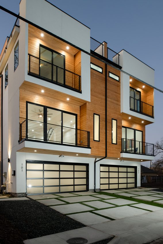 Front entrance and facade at twilight — Munger Avenue · Dallas