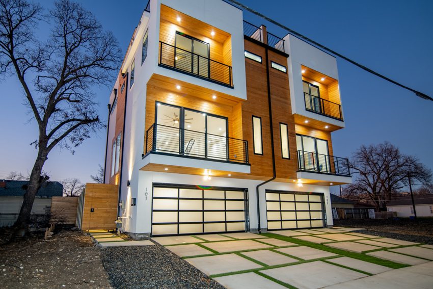 Corner view of the completed duplex — Munger Avenue · Dallas