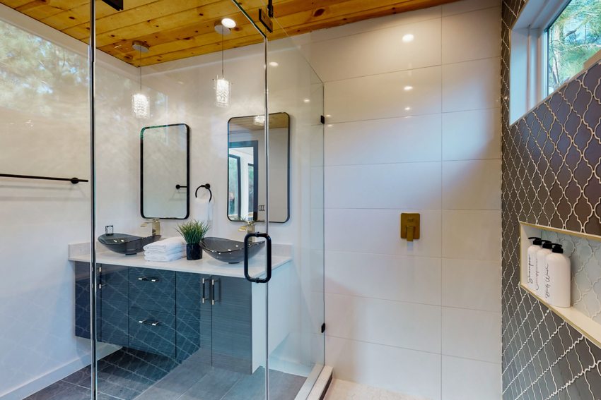 Bathroom vanity and wood ceiling — Blue Spruce · Broken Bow