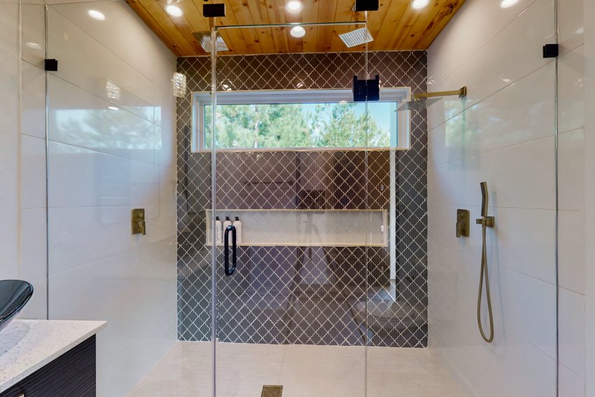 Walk-in shower with wood ceiling — Blue Spruce · Broken Bow