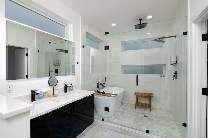 Primary bath with glass shower — Cowan · Dallas